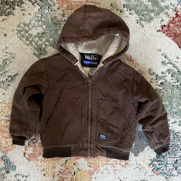 Vintage Kids Walls Tough Wear Hooded Sherpa Work Wear Coat Jacket Dark Brown